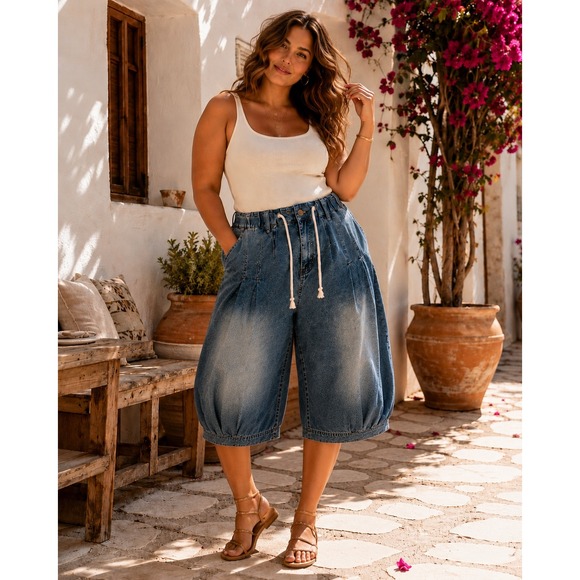 Flamingals Pants - Flamingals Blue Denim Culottes Balloon Leg Drawstring Shorts Plus Size 3XL NWT